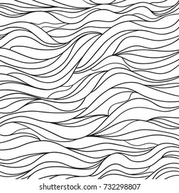 Background. Hand drawn lines. Hair texture. Monochrome wave pattern. Doodle for design. Line art. Design for spiritual relaxation for adults. Black and white wallpaper. Art creative. Illustration