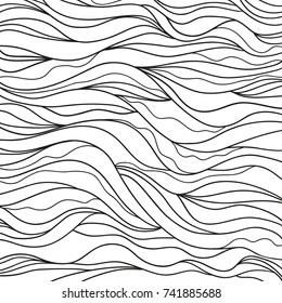 Background. Hand drawn lines. Hair texture. Monochrome wave pattern. Doodle for design. Line art. Illustration for coloring. Design for spiritual relaxation for adults. Black and white wallpaper