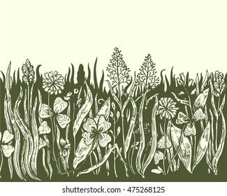 Background with hand drawn meadow herbs. Vector illustration. 