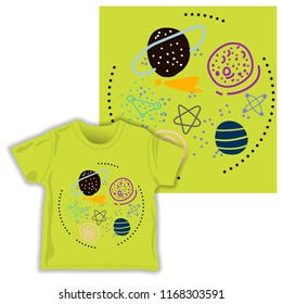 background with hand drawn moon in the galaxy space,and geometric shapes. Creative childish texture. Great for fabric,baby cloth, textile Vector Illustration