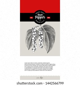 Background with hand drawn pepper plant and small round label with type design. Vector illustration
