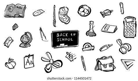Background with hand drawn school and education illustrations and symbols