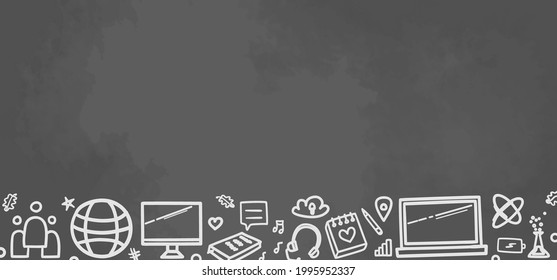 Background with hand drawn school supplies. Hand drawn elements. Illustration for banners, flyers or posters. Distance home educate