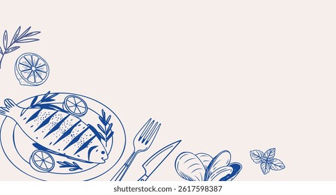 Background with hand drawn simple Mediterranean seafood. Fish seafood olives. Design for cafe or restaurant menu.