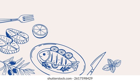 Background with hand drawn simple Mediterranean seafood. Fish seafood olives. Design for cafe or restaurant menu.