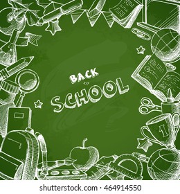 Background with hand drawn sketch school education elements objects. Vector frame with bag, winner cup, stationery, book, notebook, paint, ball, globe, paint, flag on green chalk board