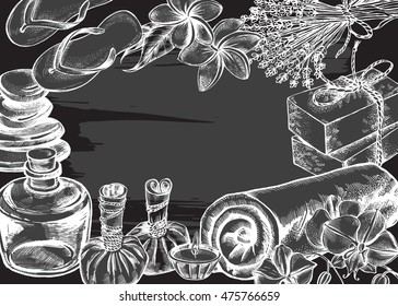 Background with hand drawn spa attributes. Template for design of Spa and beauty salon, Wellness center. Vector illustration.