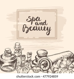Background with hand drawn spa attributes. Template for design of Spa and beauty salon, Wellness center. Vector illustration.