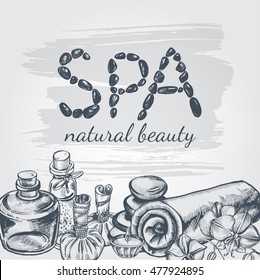 Background with hand drawn spa attributes. Template for design of Spa and beauty salon, Wellness center. Vector illustration.