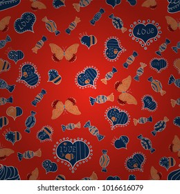 Background with hand drawn symbols. Drawing in sketch style on red, blue, orange colors. Template for wrapping, decor, surface, cards, backgrounds, textile, print. Seamless vector pattern with hearts.