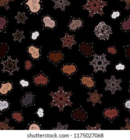 Background with hand drawn symbols. Drawing in sketch style on black, brown, gray colors. Seamless vector pattern with hearts. Template for wrapping, decor, surface, cards, backgrounds, textile, print