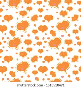 Background with hand drawn symbols. Drawing in sketch style on orange and white colors. Seamless vector pattern with hearts. Template for wrapping, decor, surface, cards, backgrounds, textile, print.
