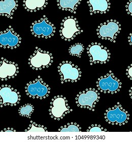 Background with hand drawn symbols. Seamless vector pattern with hearts. Drawing in sketch style on black, neutral and blue colors. Template for wrapping, surface, cards, backgrounds, textile, print.