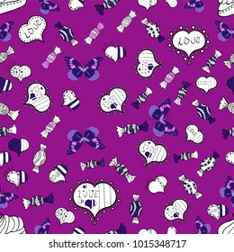 Background with hand drawn symbols. Template for wrapping, decor, surface, cards, textile, print. Seamless vector pattern with hearts. Drawing in sketch style on purple, white and violet colors.