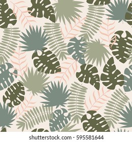 Background Hand Drawn Tropical Leaves. Seamless Pattern with Abstract Leaves.
