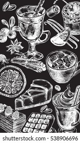 Background with hand drawn warming beverages and desserts. Template for menu design, posters, flyers with hot drinks, sweets and spices.