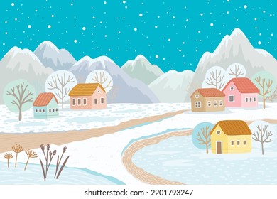 Antecedentes de la aldea de invierno dibujada a mano
