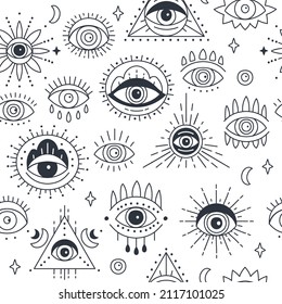 Background with hand drawn witchcraft eye talisman, magical religion sacred symbols in a trending minimal linear style. Seamless pattern design with Evil doodle eye. For t-shirt prints, cards, covers