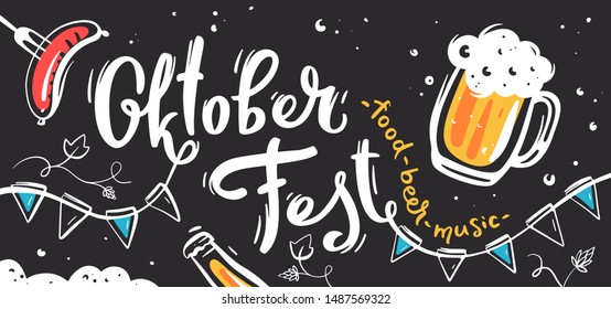 Background with hand lettering Oktoberfest for beer festival. Vector illustration with sausage, beer mug and white text