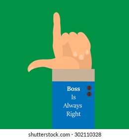 the background is a hand with a raised index finger-style flat. Boss is Always right