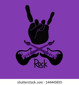 Background with hand in  rock and roll sign and guitars