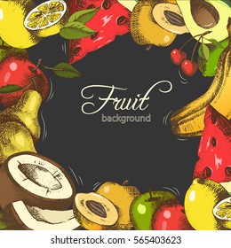 Background with hand-drawn fruits arranged in a circle on black.  Sketch. Hand-drawn, engraving, hatching. Vector design.