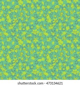 background from hand-drawn green leaves. Seamless pattern