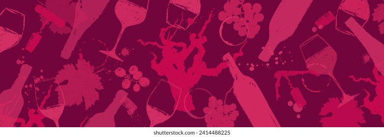 Background with hand-drawn illustrations of wine symbols. Textured drawings. Vector Backdrop
