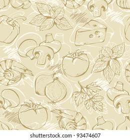 Background from hand-drawn pizza ingredients on a beige