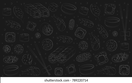 background with hand-drawn silhouettes of sushi and rolls