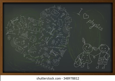 Background with hand-drawn simple icons on the theme of physics  and learning on the school board