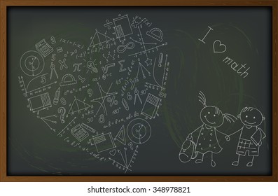 Background with hand-drawn simple icons on the theme of mathematics  and learning on the school board

