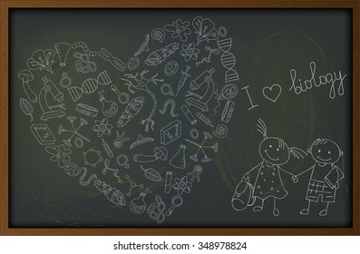 Background with hand-drawn simple icons on the theme of biology and learning on the school board