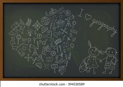 Background with hand-drawn simple icons on the theme of geography  and learning on the school board