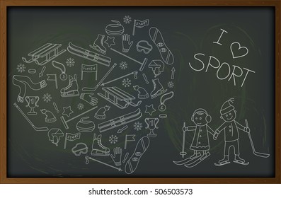 Background with hand-drawn simple icons on the theme of winter sports on the background of school board
