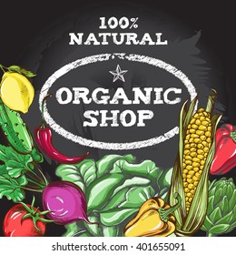 Background with hand-drawn vegetables. Template of design for organic farm products. Vector illustration on blackboard.