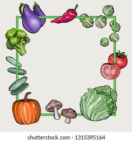 Background with hand-drawn vegetables, vector illustration in vintage style