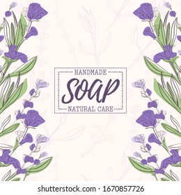 Background with handmade lavender soap. Organic cosmetic natural soap. Vector hand drawn illustration. Design for cosmetics, natural and organic products, health products, aromatherapy.