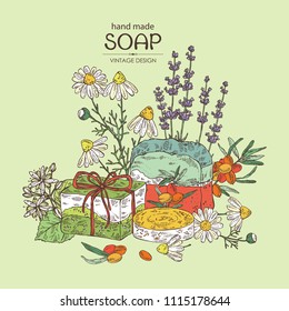 Background with handmade soap, camomile, sea buckthorn, lavender and linden flower. Organic cosmetic natural soap. Vector hand drawn illustration.