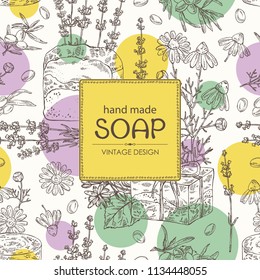 Background with handmade soap, camomile, sea buckthorn, lavender and linden flower. Organic cosmetic natural soap. Vector hand drawn illustration.