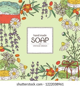 Background with handmade soap, camomile, sea buckthorn, lavender and linden flower. Organic cosmetic natural soap. Vector hand drawn illustration.