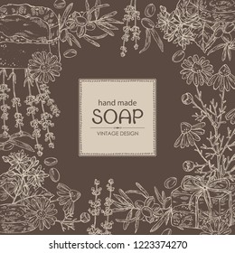 Background with handmade soap, camomile, sea buckthorn, lavender and linden flower. Organic cosmetic natural soap. Vector hand drawn illustration.