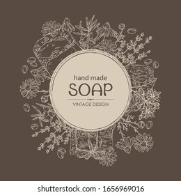 Background with handmade soap, camomile, sea buckthorn, lavender and linden flower. Organic cosmetic natural soap. Vector hand drawn illustration.