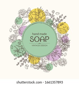 Background With Handmade Soap, Camomile, Sea Buckthorn, Lavender And Linden Flower. Organic Cosmetic Natural Soap. Vector Hand Drawn Illustration.