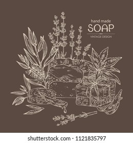 Background with handmade soap, lavender, aloe and tea tree. Organic cosmetic natural soap. Vector hand drawn illustration.