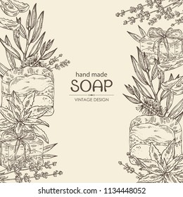Background with handmade soap, lavender, aloe and tea tree. Organic cosmetic natural soap. Vector hand drawn illustration.
