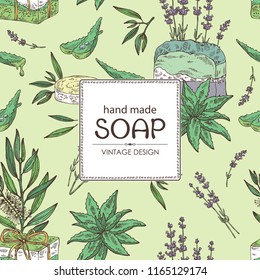 Background with handmade soap, lavender, aloe and tea tree. Organic cosmetic natural soap. Vector hand drawn illustration.