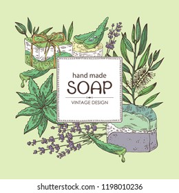 Background with handmade soap, lavender, aloe and tea tree. Organic cosmetic natural soap. Vector hand drawn illustration.