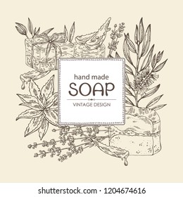 Background with handmade soap, lavender, aloe and tea tree. Organic cosmetic natural soap. Vector hand drawn illustration.