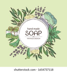 Background with handmade soap, lavender, aloe and tea tree. Organic cosmetic natural soap. Vector hand drawn illustration.